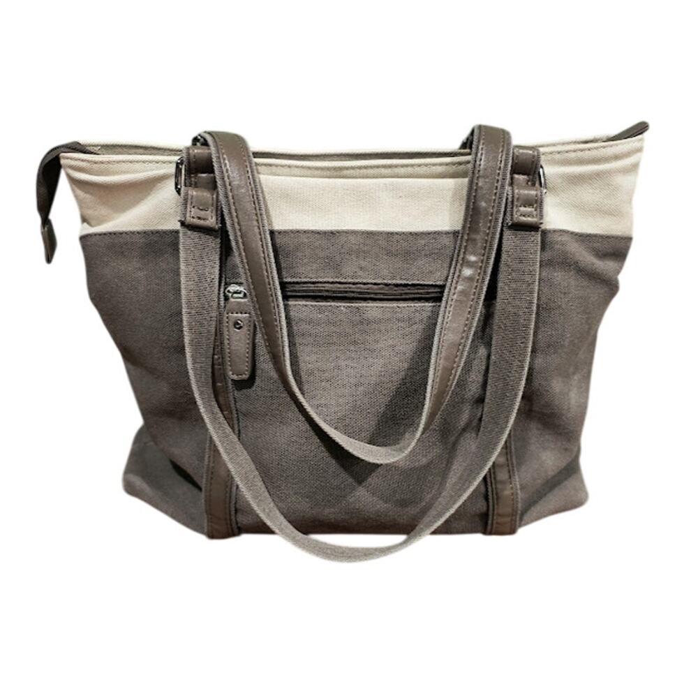 Large Canvas‎ Tote with Padded Inner Pocket for Tablet or Laptop, Taupe, Cream